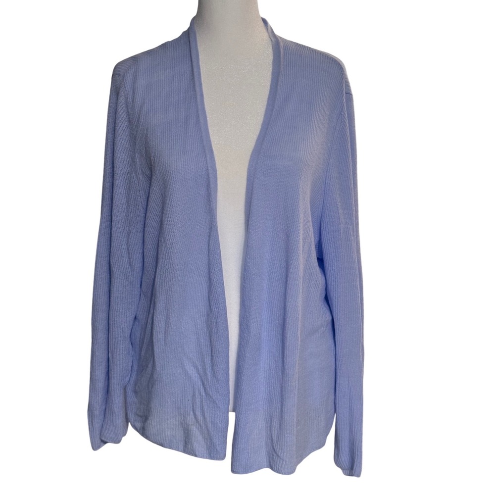 Eileen Fisher Organic Linen Cotton Ribbed Open Front Cardigan Light Blue XL